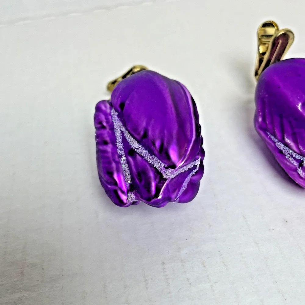 VTG. 2 Clip On Purple Roses with Glitter Blown Glass Ornaments Made in Germany